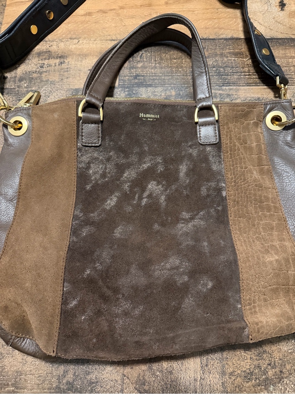 Hammitt Brown Mixed Material Shoulder Bag with Signature Studded Guitar Strap - Picture 3 of 14